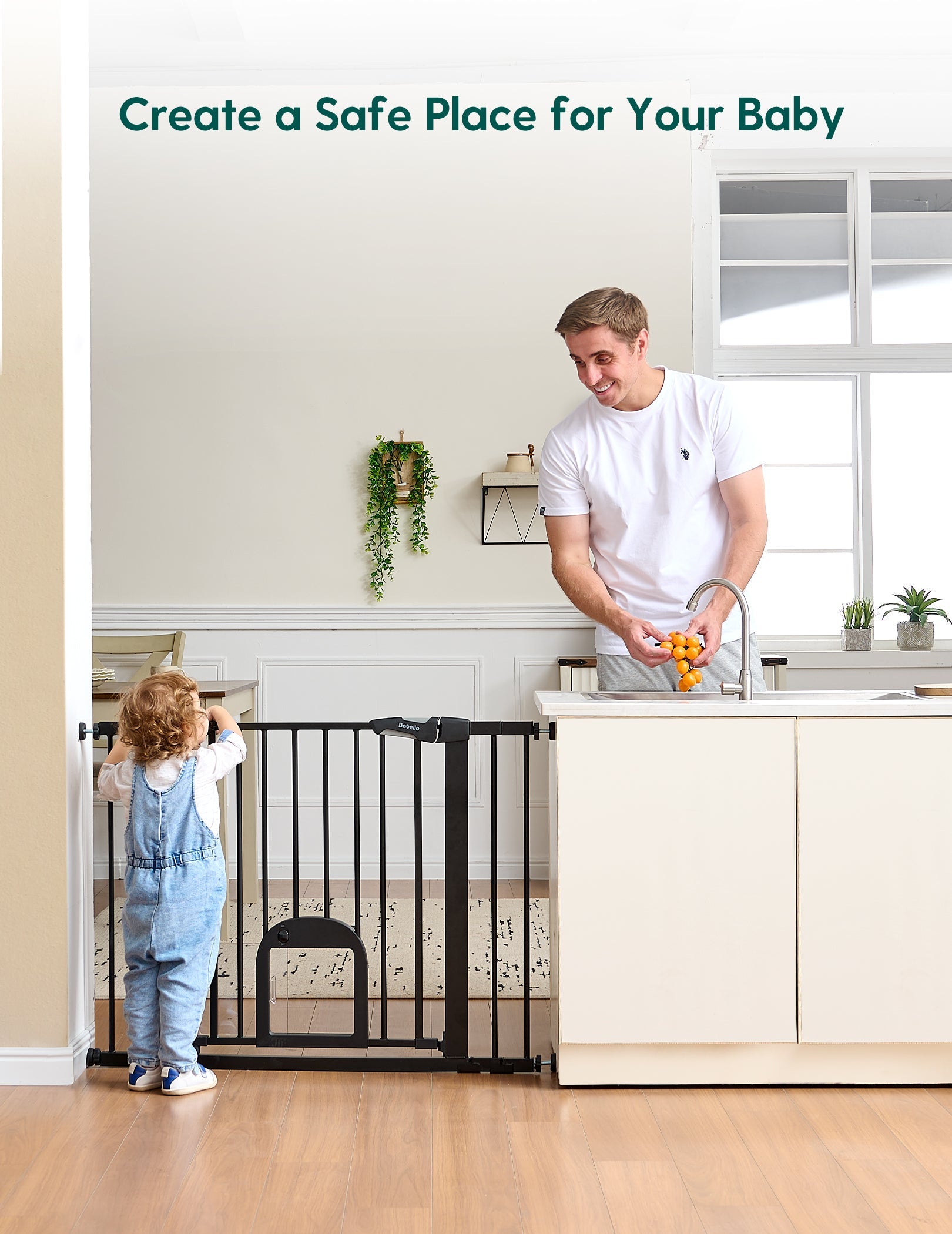 Babelio baby safety gate with cat door installed between kitchen and living area, child standing by gate
