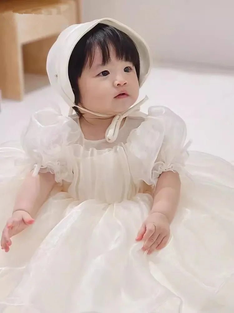 Children’s White Princess Baptism Dress — Mini Tulle Flower Girl Dress, 12M–6Y - babeliobaby - beige yellow - 12M(80)