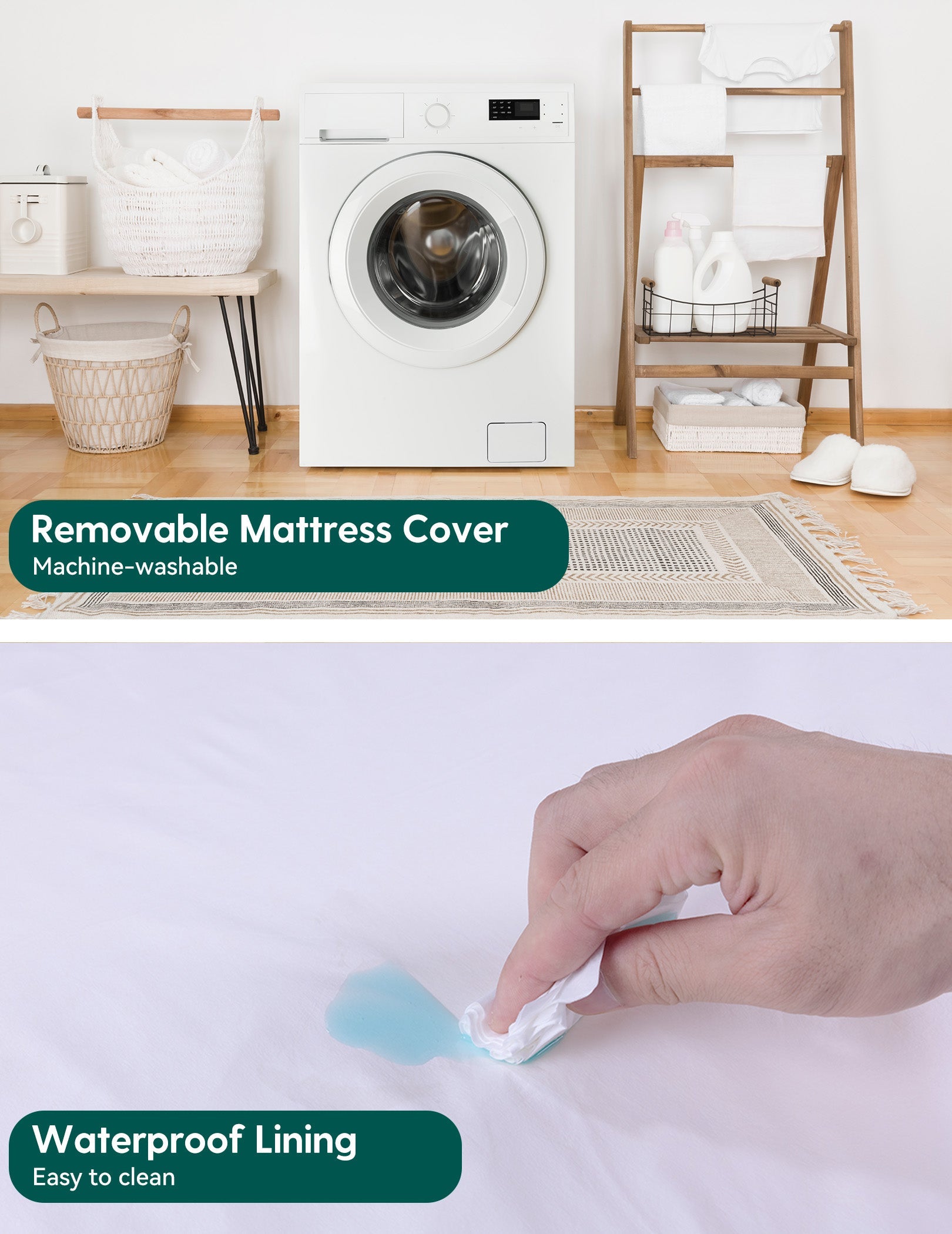 Babelio crib mattress with removable, waterproof cover shown in laundry room setting.