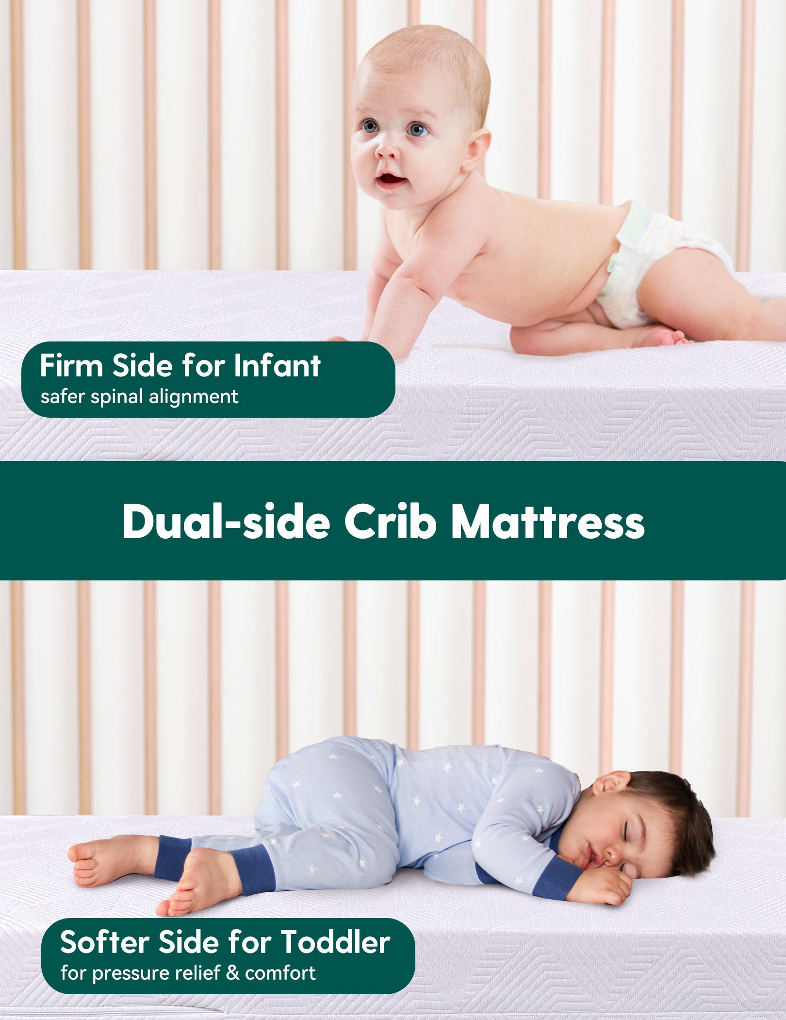 Babelio dual-sided crib mattress in a nursery with baby and toddler, ergonomic design shown
