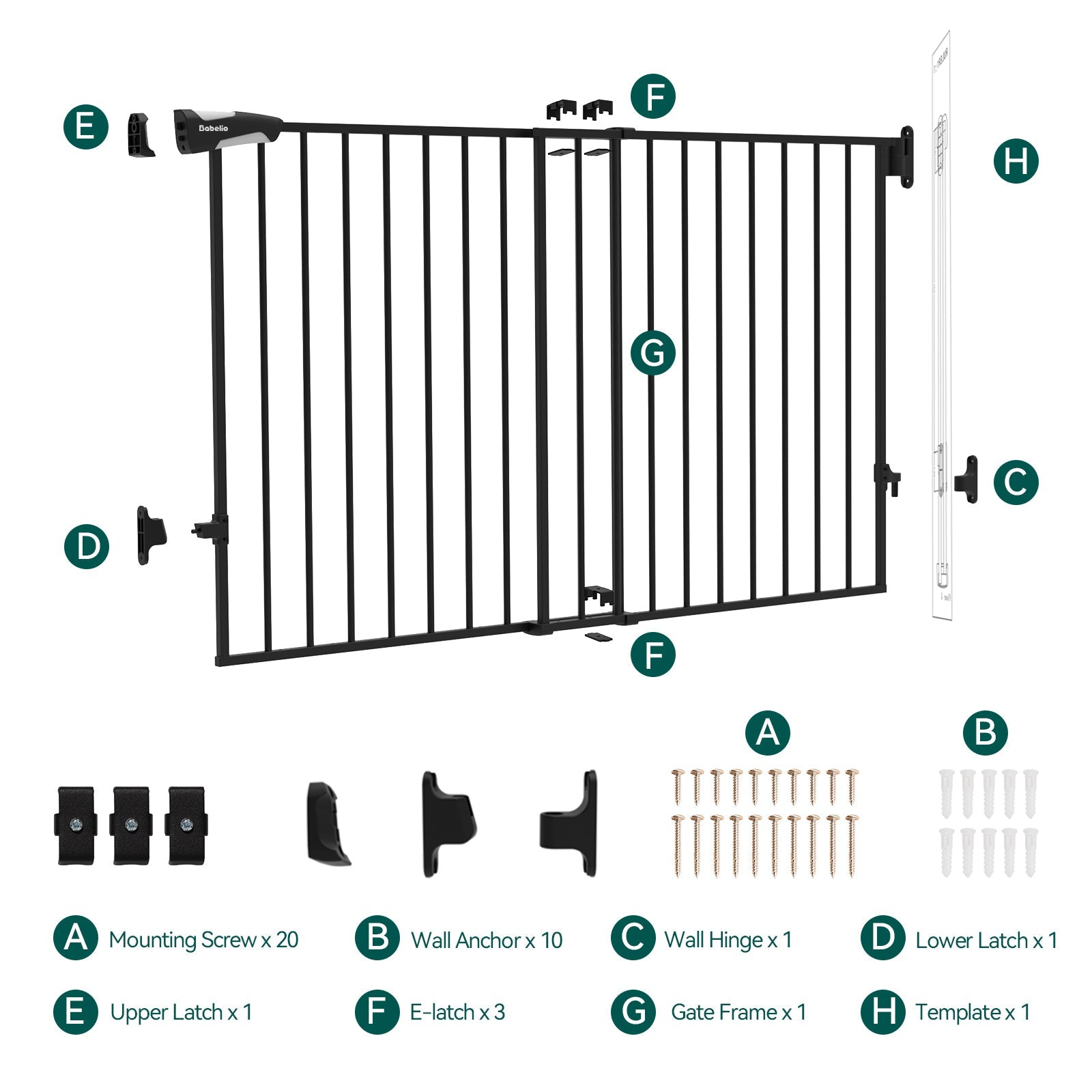 Babelio baby safety gate with installation parts and labels for nursery or home use