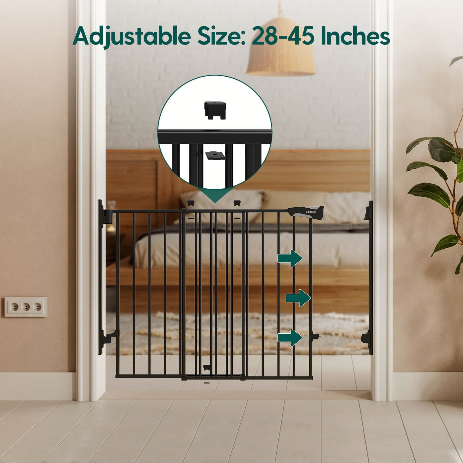 Babelio adjustable baby safety gate for doorways in modern bedroom setting