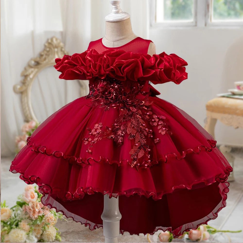Flower Girl Party Dress for Girls — Tulle Princess Gown, Sleeveless, Elegant Floral Design - babeliobaby - dark red - 110 (3 - 4 Years)