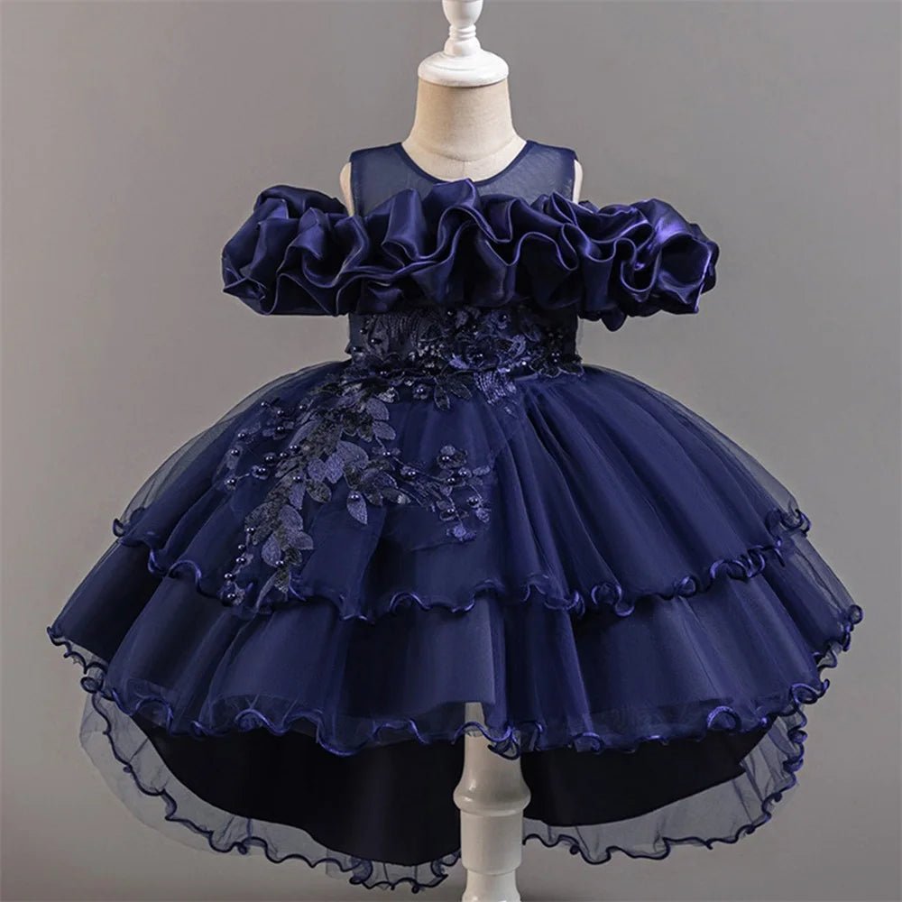 Flower Girl Party Dress for Girls — Tulle Princess Gown, Sleeveless, Elegant Floral Design - babeliobaby - dark blue - 110 (3 - 4 Years)
