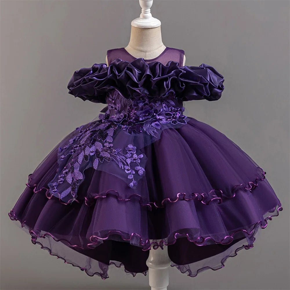Flower Girl Party Dress for Girls — Tulle Princess Gown, Sleeveless, Elegant Floral Design - babeliobaby - dark purple - 110 (3 - 4 Years)