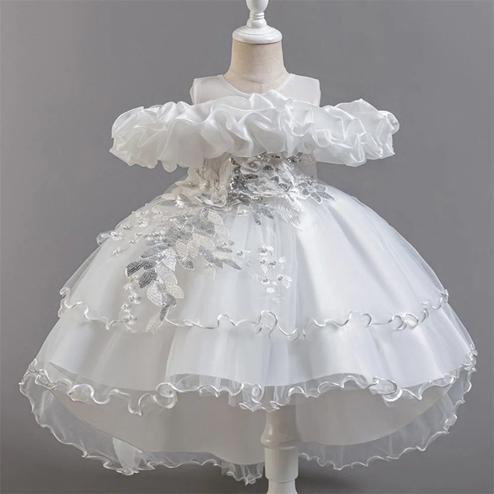 Flower Girl Party Dress for Girls — Tulle Princess Gown, Sleeveless, Elegant Floral Design - babeliobaby - white - 110 (3 - 4 Years)