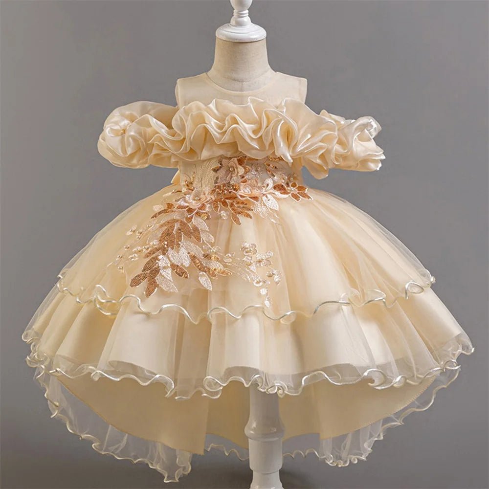 Flower Girl Party Dress for Girls — Tulle Princess Gown, Sleeveless, Elegant Floral Design - babeliobaby - champagane - 110 (3 - 4 Years)