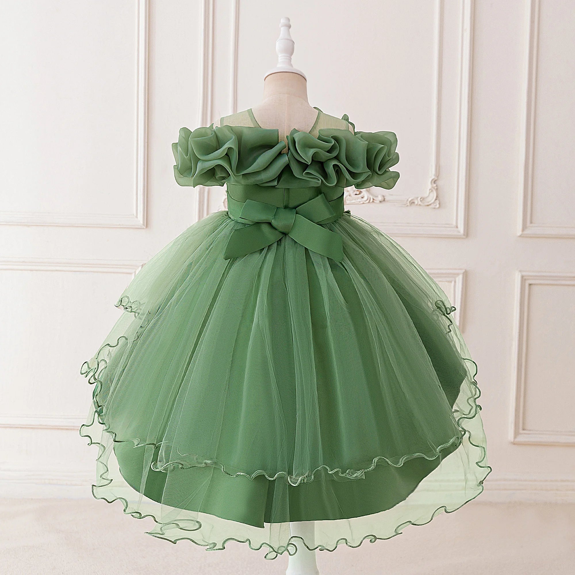 Flower Girl Party Dress for Girls — Tulle Princess Gown, Sleeveless, Elegant Floral Design - babeliobaby - avocado - 110 (3 - 4 Years)