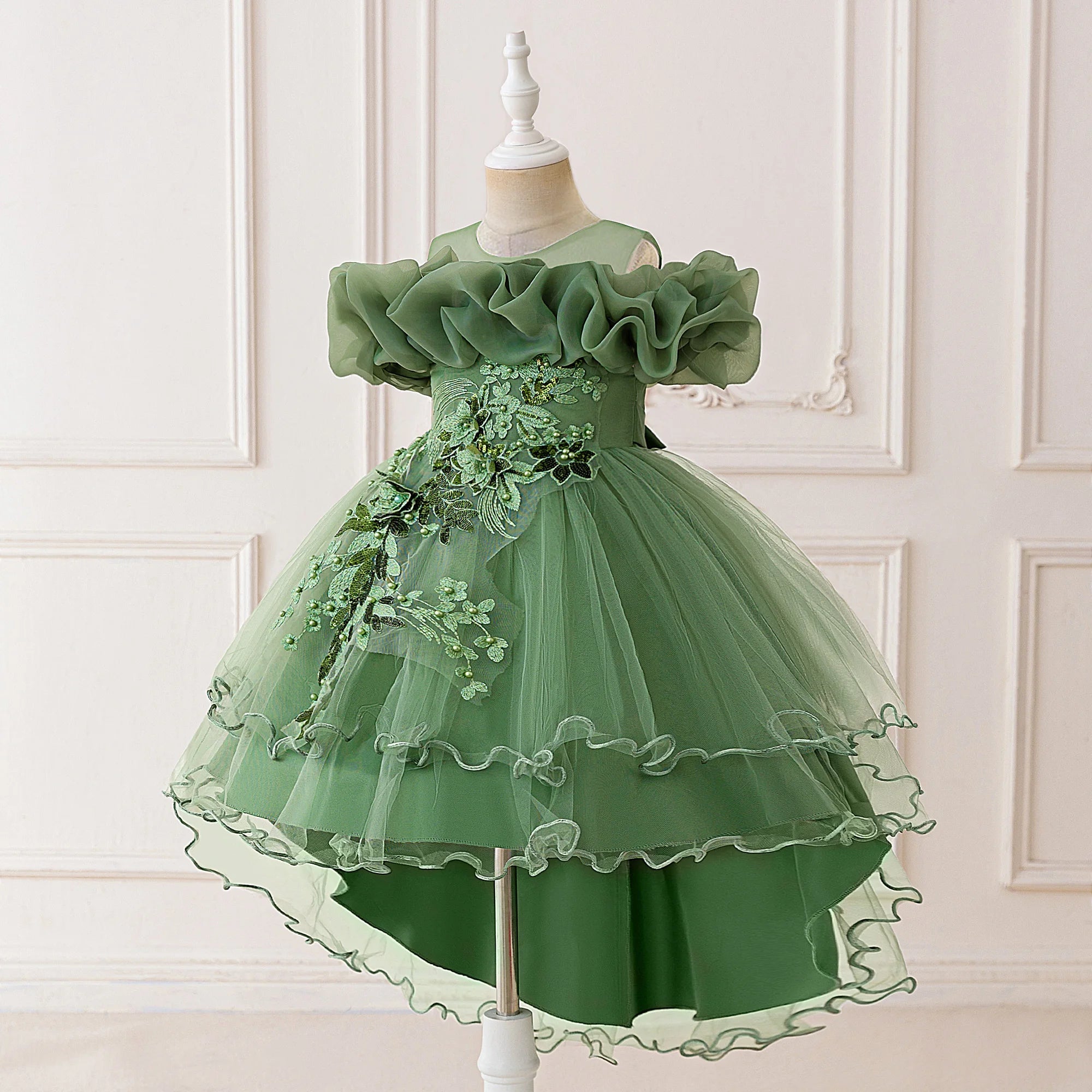 Flower Girl Party Dress for Girls — Tulle Princess Gown, Sleeveless, Elegant Floral Design - babeliobaby - avocado - 110 (3 - 4 Years)
