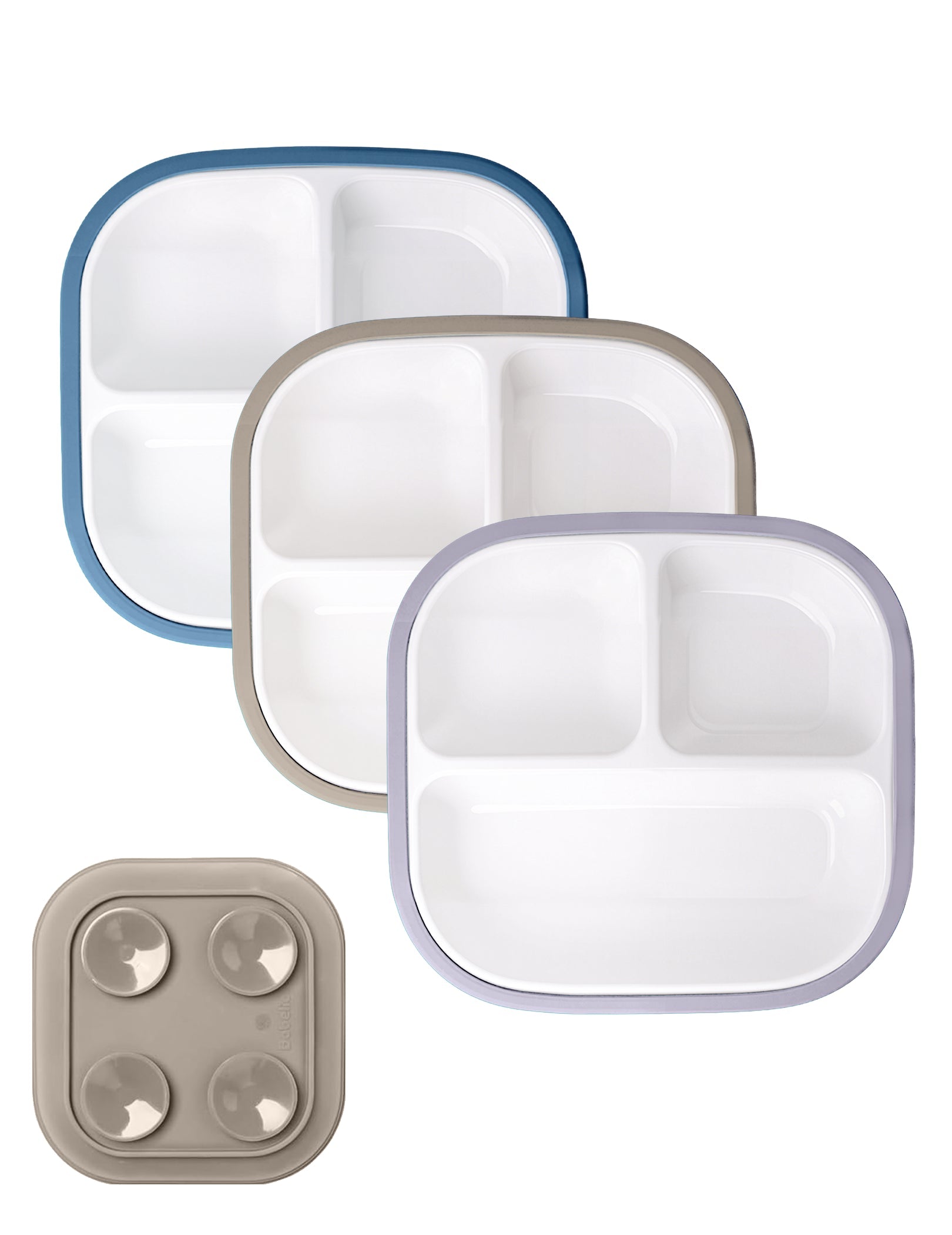 Gallery Porcelain | 8'' Toddler Porcelain Divided Plates with Suction Base - 3 Pack - babeliobaby - Blue/Gray/Grayish Purple - 