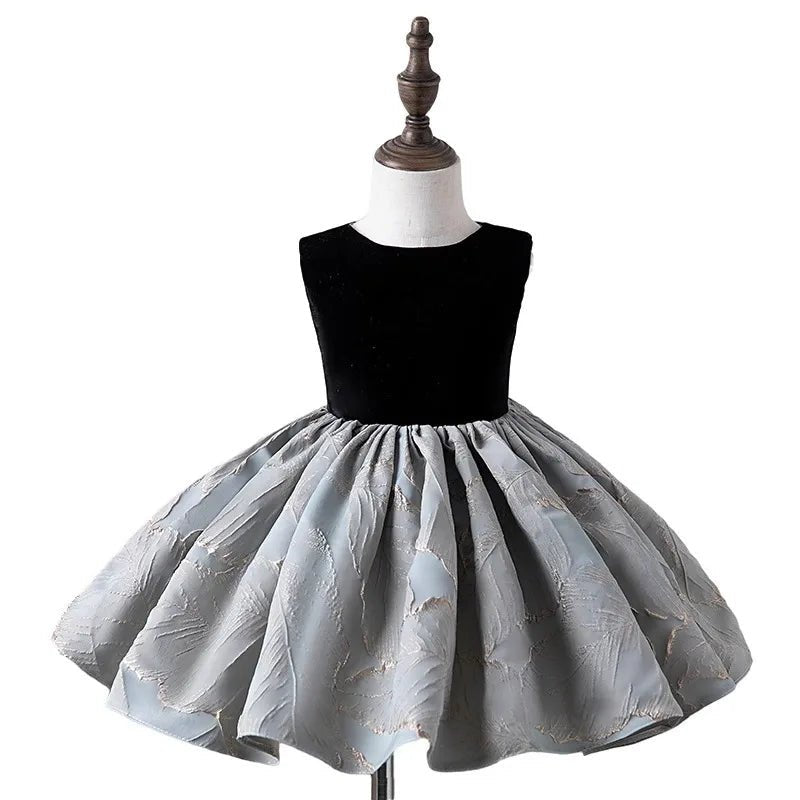 Babelio elegant girls' party dress with black bodice and gray floral skirt on mannequin