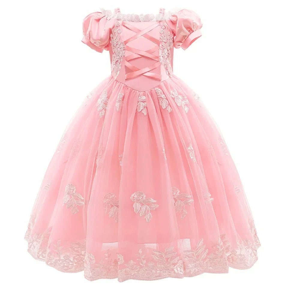 Girls Fairy Tale Princess Dress — Puff Sleeve Tulle Cosplay Gown, Mid - Calf - babeliobaby - RapunzelPink06 - 2T (Size 100)