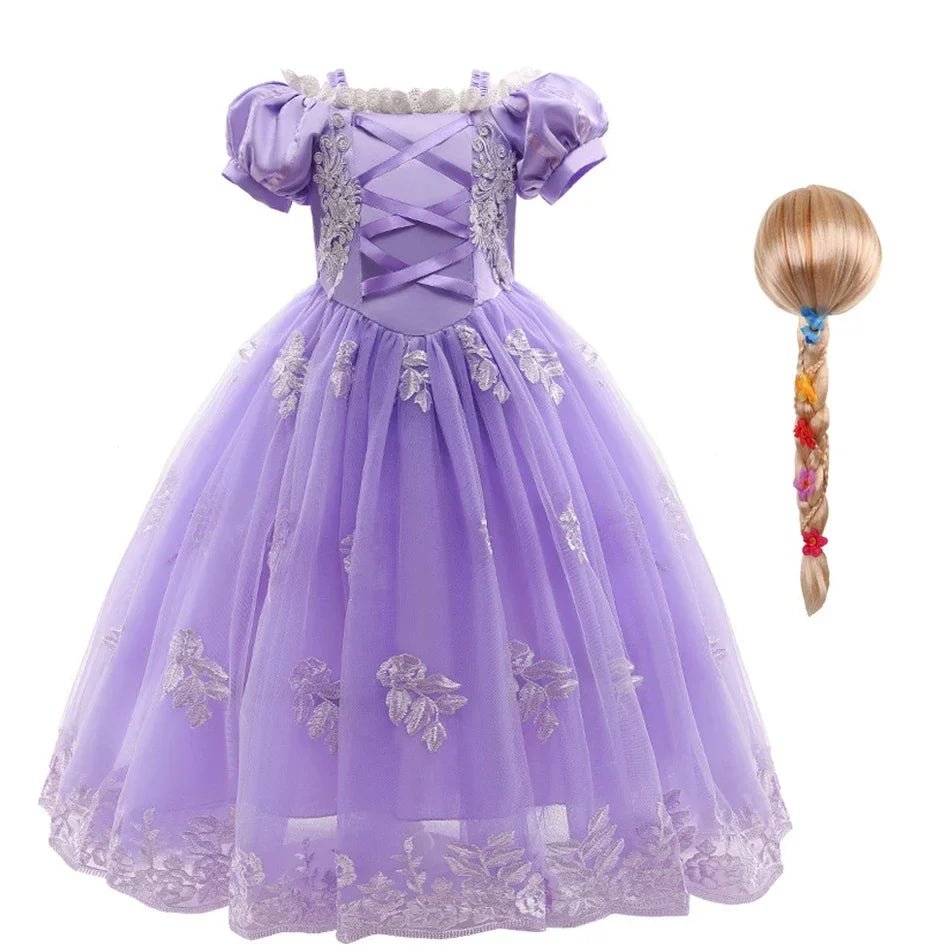 Girls Fairy Tale Princess Dress — Puff Sleeve Tulle Cosplay Gown, Mid - Calf - babeliobaby - RapunzelPurple02 - 2T (Size 100)