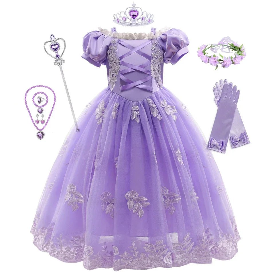 Girls Fairy Tale Princess Dress — Puff Sleeve Tulle Cosplay Gown, Mid - Calf - babeliobaby - RapunzelPurple04 - 2T (Size 100)