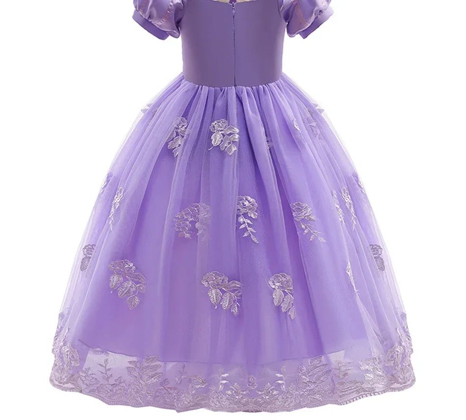 Girls Fairy Tale Princess Dress — Puff Sleeve Tulle Cosplay Gown, Mid - Calf - babeliobaby - RapunzelPurple03 - 2T (Size 100)