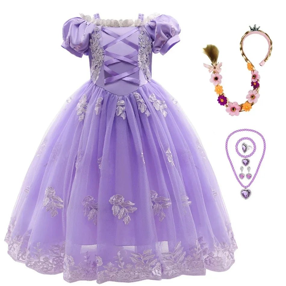 Girls Fairy Tale Princess Dress — Puff Sleeve Tulle Cosplay Gown, Mid - Calf - babeliobaby - RapunzelPurple03 - 2T (Size 100)
