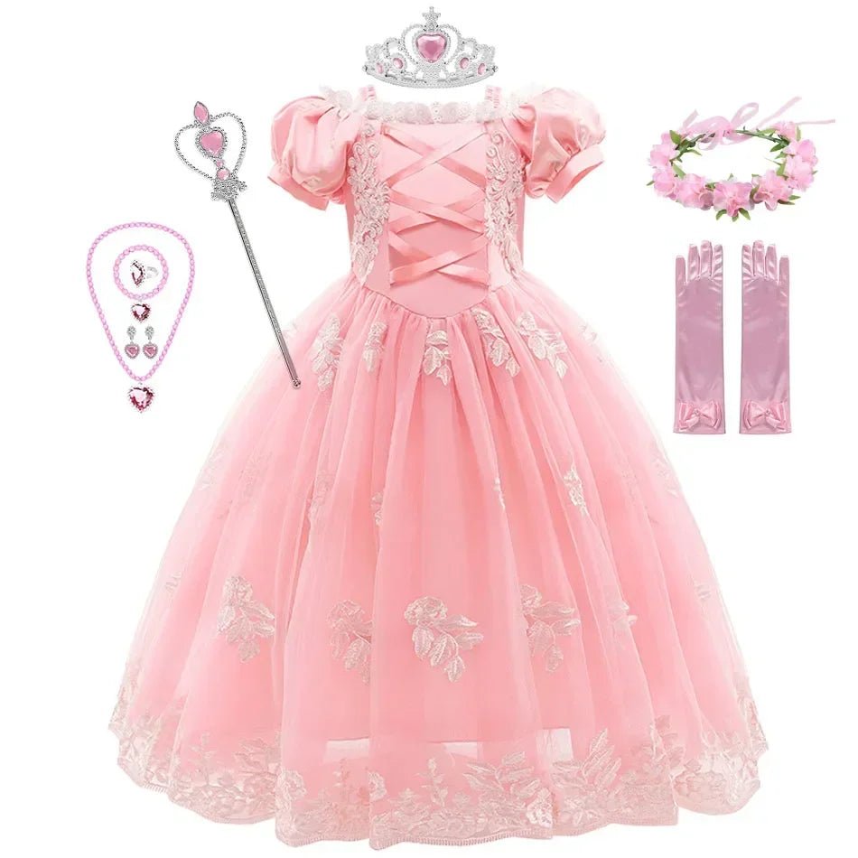 Girls Fairy Tale Princess Dress — Puff Sleeve Tulle Cosplay Gown, Mid - Calf - babeliobaby - RapunzelPurple03 - 2T (Size 100)