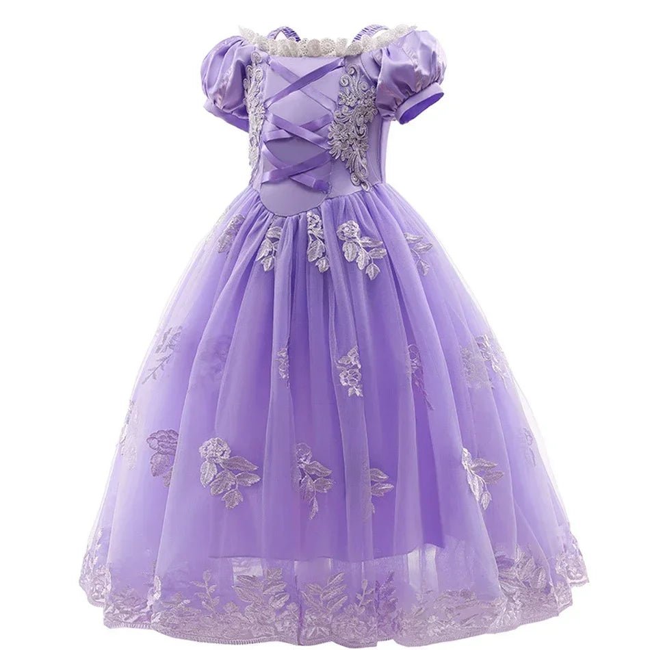 Girls Fairy Tale Princess Dress — Puff Sleeve Tulle Cosplay Gown, Mid - Calf - babeliobaby - RapunzelPurple03 - 2T (Size 100)
