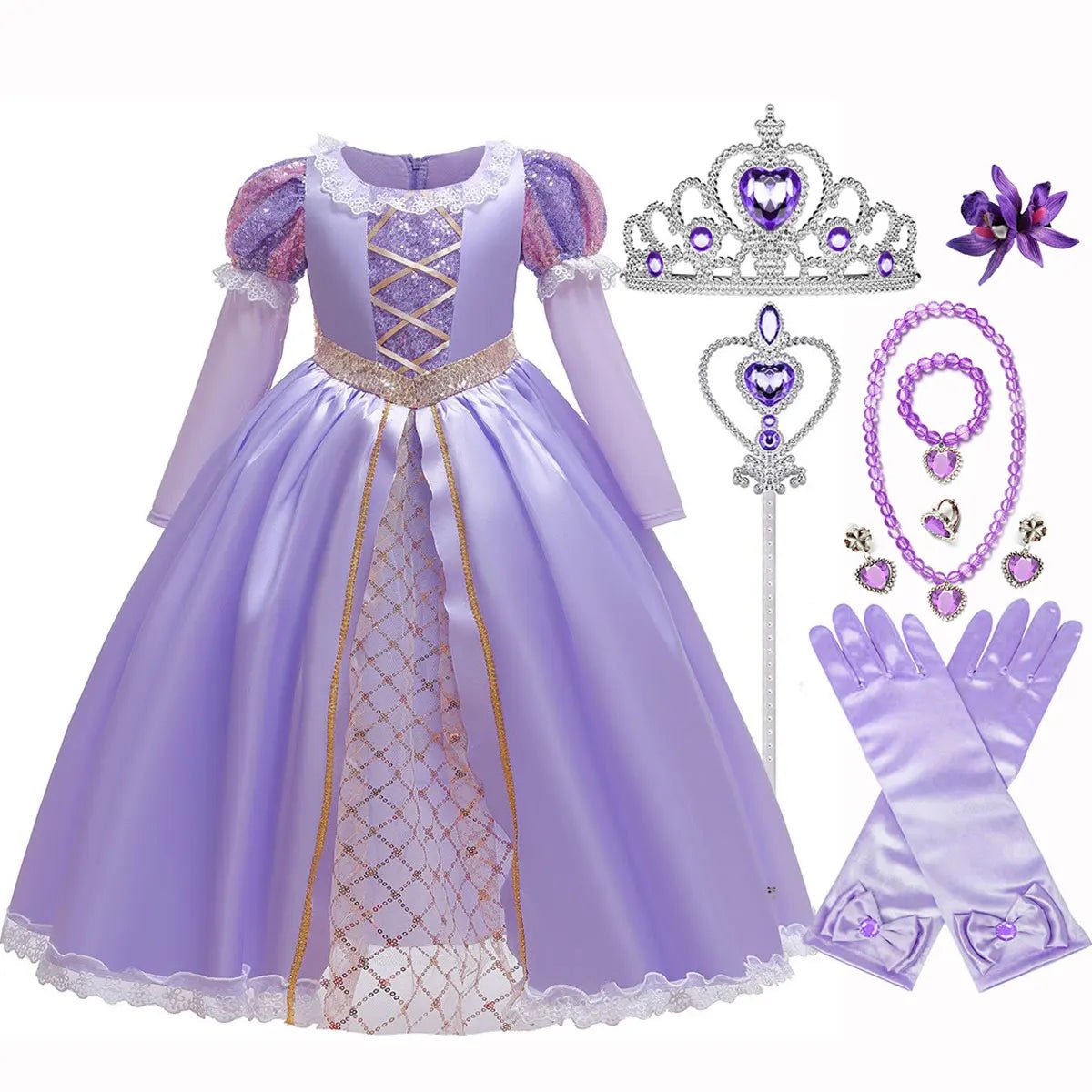 Girls Purple Princess Dress — Long Sleeve Fairytale Cosplay Gown with Accessories - babeliobaby - Set 5 - 2 - 3T (100)