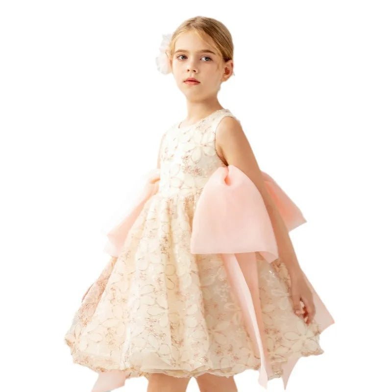 Girls' Sleeveless Lace Princess Dress — Elegant Patchwork Design with Bow Detail - babeliobaby - Blue - 1Y(80cm)