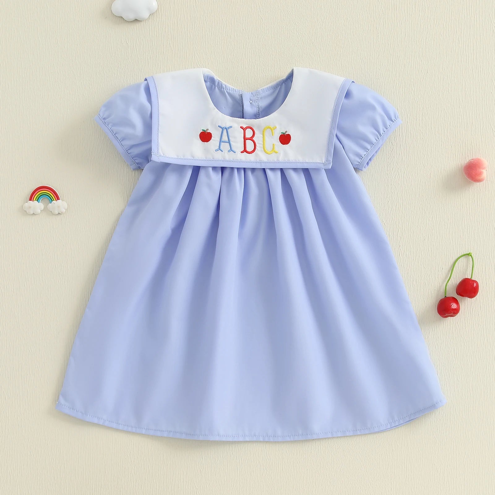 Girls Summer Dress with Embroidery — Back to School Outfit, Ruffle Sleeves - babeliobaby - Blue - 5 - 6 Years