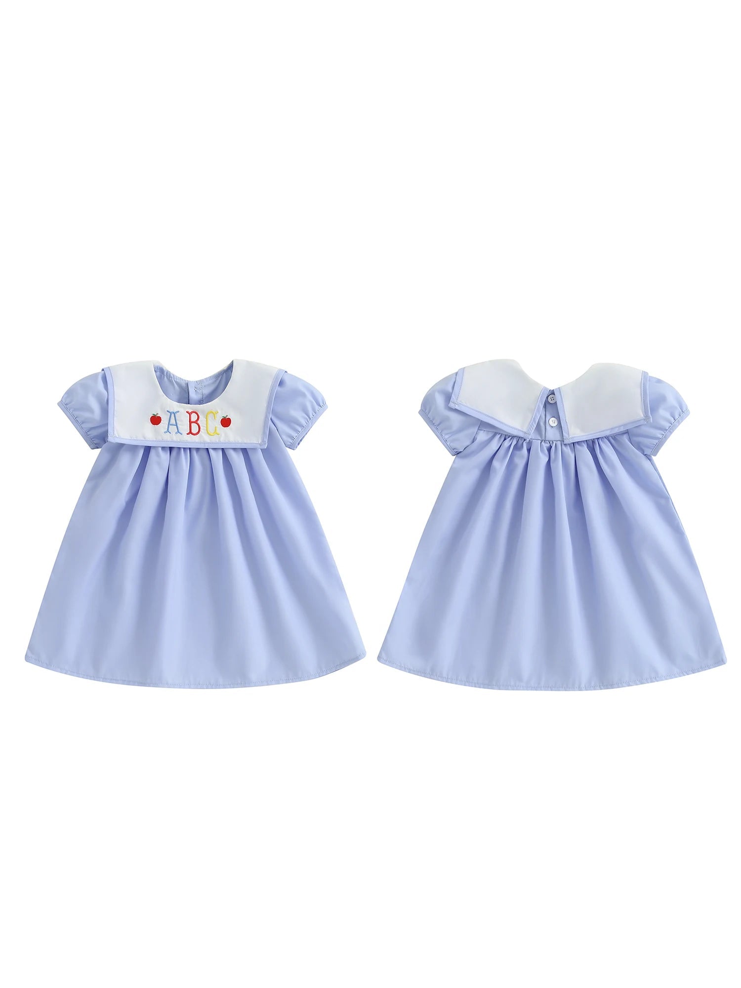 Girls Summer Dress with Embroidery — Back to School Outfit, Ruffle Sleeves - babeliobaby - Blue - 5 - 6 Years