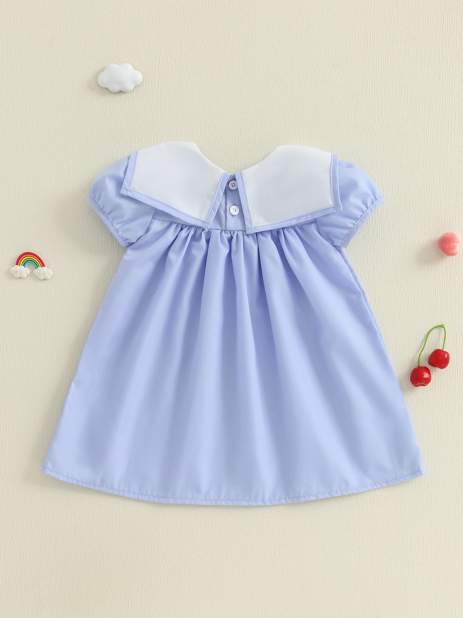 Girls Summer Dress with Embroidery — Back to School Outfit, Ruffle Sleeves - babeliobaby - Blue - 5 - 6 Years