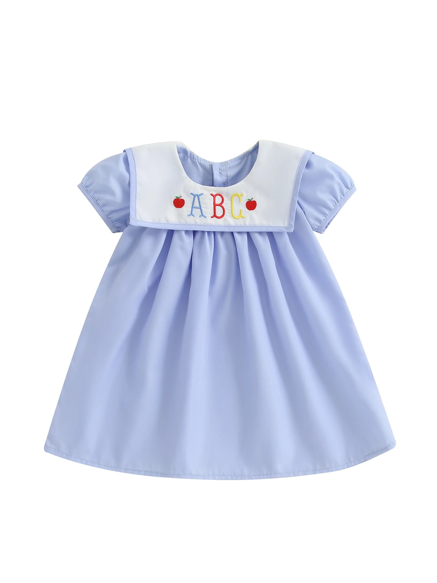 Girls Summer Dress with Embroidery — Back to School Outfit, Ruffle Sleeves - babeliobaby - Blue - 5 - 6 Years