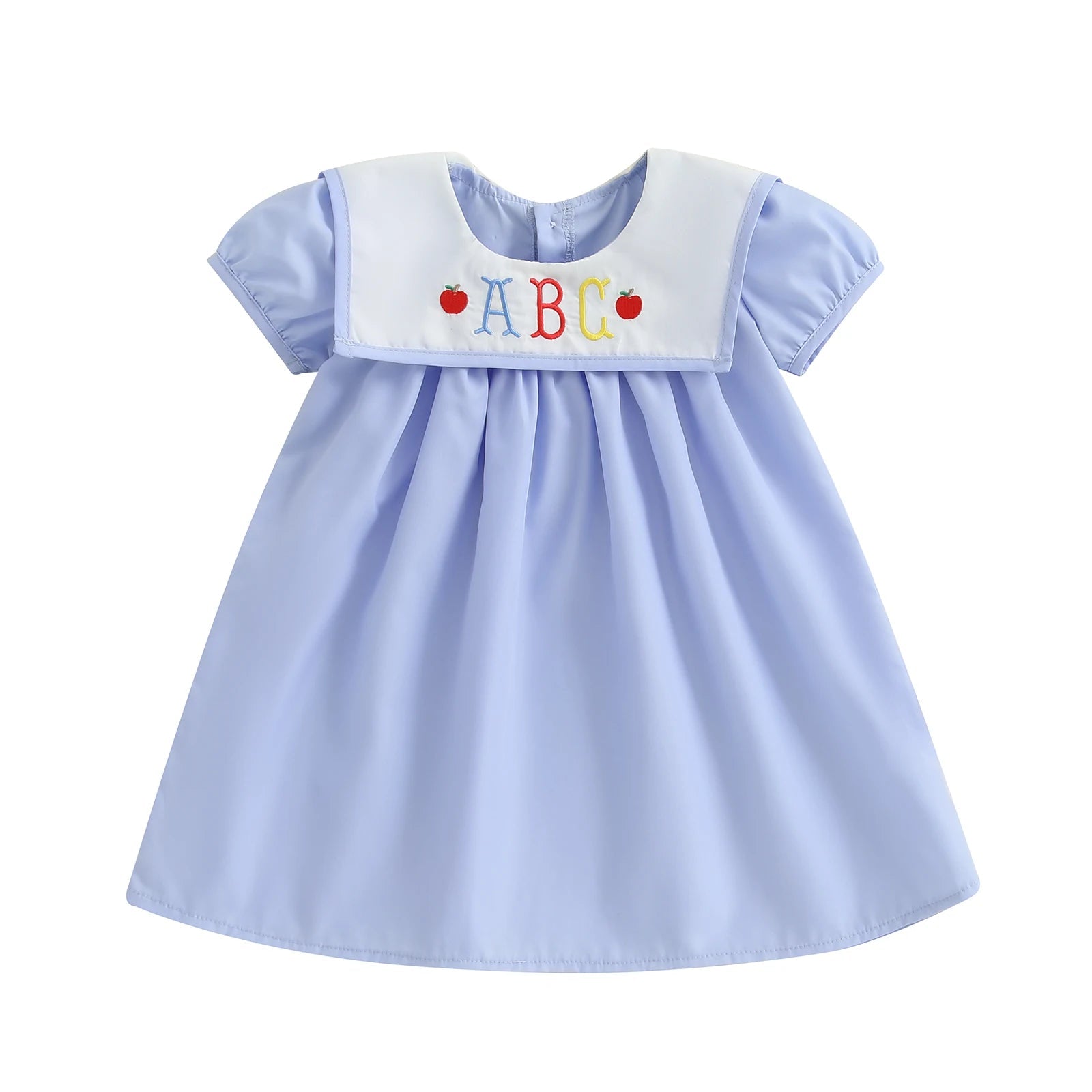 Girls Summer Dress with Embroidery — Back to School Outfit, Ruffle Sleeves - babeliobaby - Blue - 5 - 6 Years
