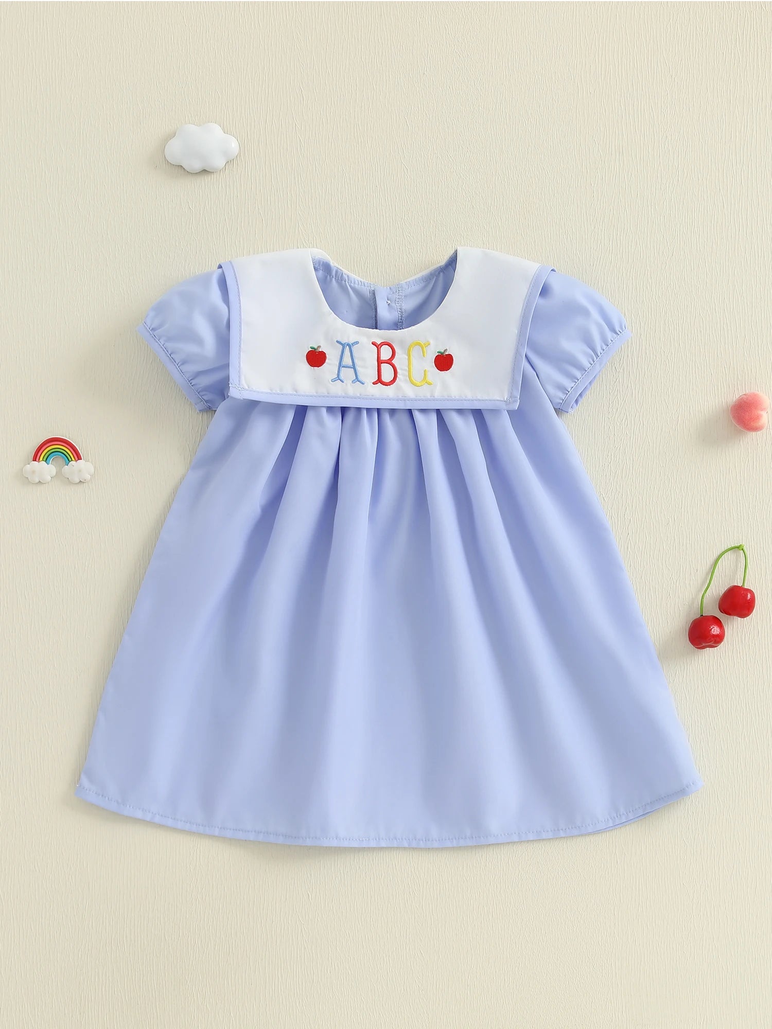 Girls Summer Dress with Embroidery — Back to School Outfit, Ruffle Sleeves - babeliobaby - Blue - 5 - 6 Years