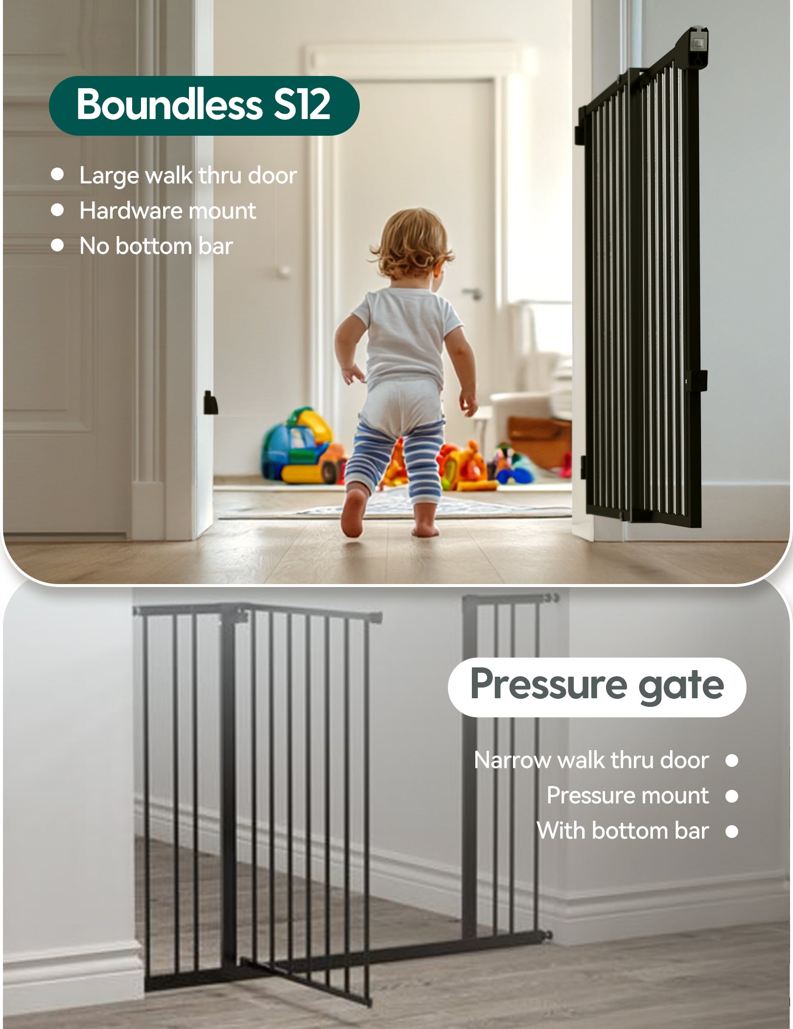 Hardware-mounted baby gate with large walk-thru door and no bottom bar compared to a pressure-mounted gate with a narrow opening and bottom threshold, highlighting the safety and convenience of the Boundless S12 series by Babelio.