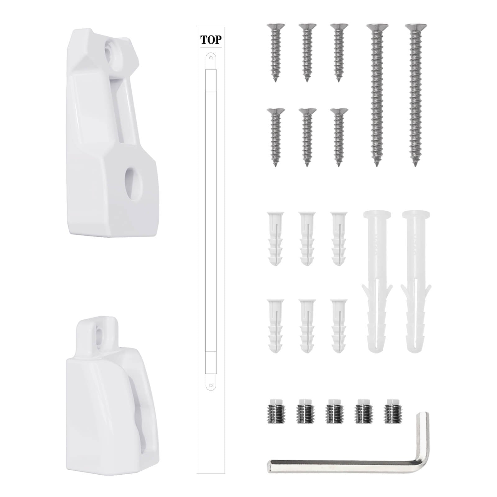 Babelio baby safety gate hole mounting kit with white brackets, screws, anchors, and Allen key.