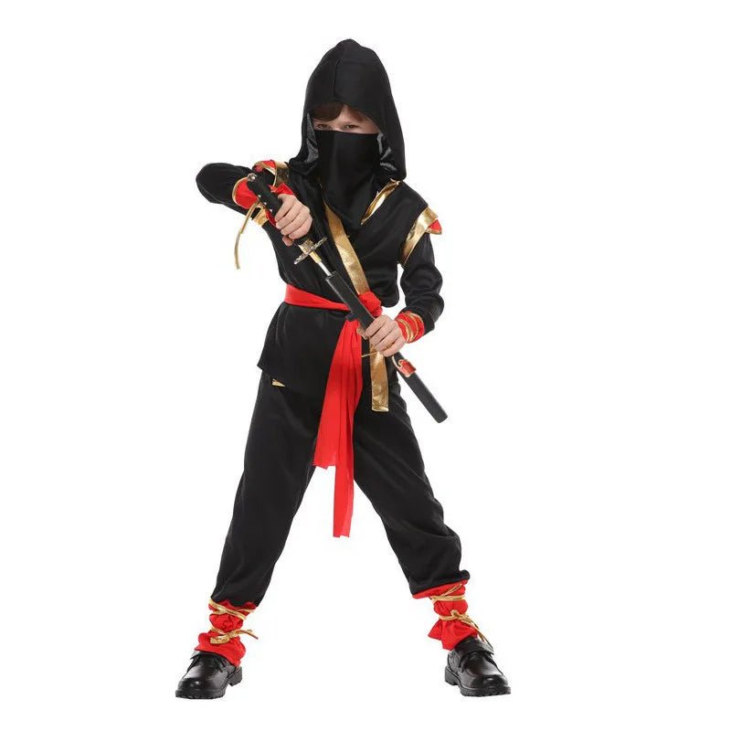 Kids Ninja Costume — Black & Red Samurai Assassin Outfit with Mask, Belt for Halloween - babeliobaby - M - 
