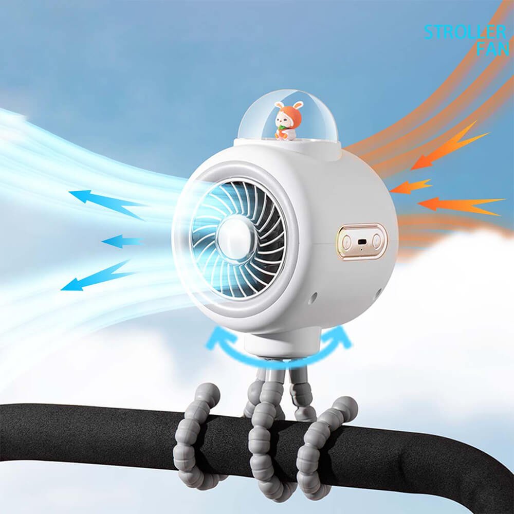LulliNini 2024 Portable Baby Stroller Fan - USB Rechargeable Octopus Fan - babeliobaby - Automatic Oscillation - White