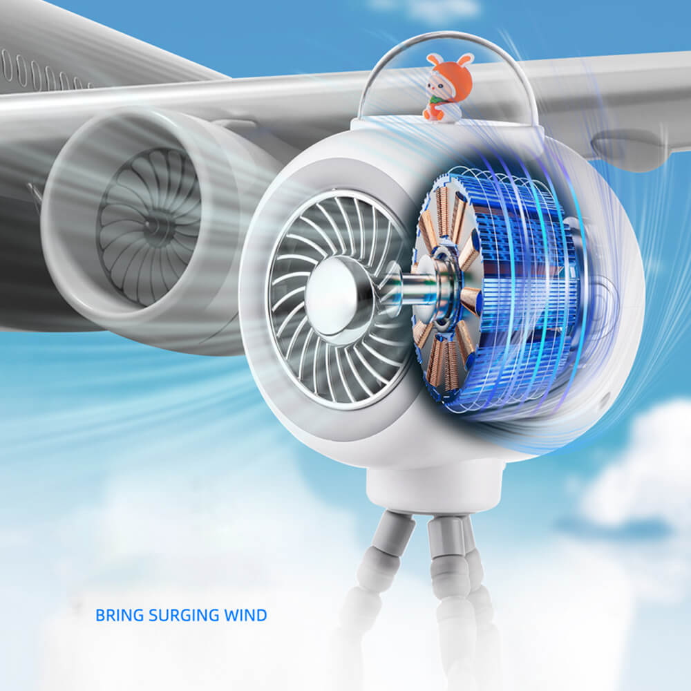 Babelio portable baby stroller fan with tripod legs and USB rechargeable feature, blue sky background