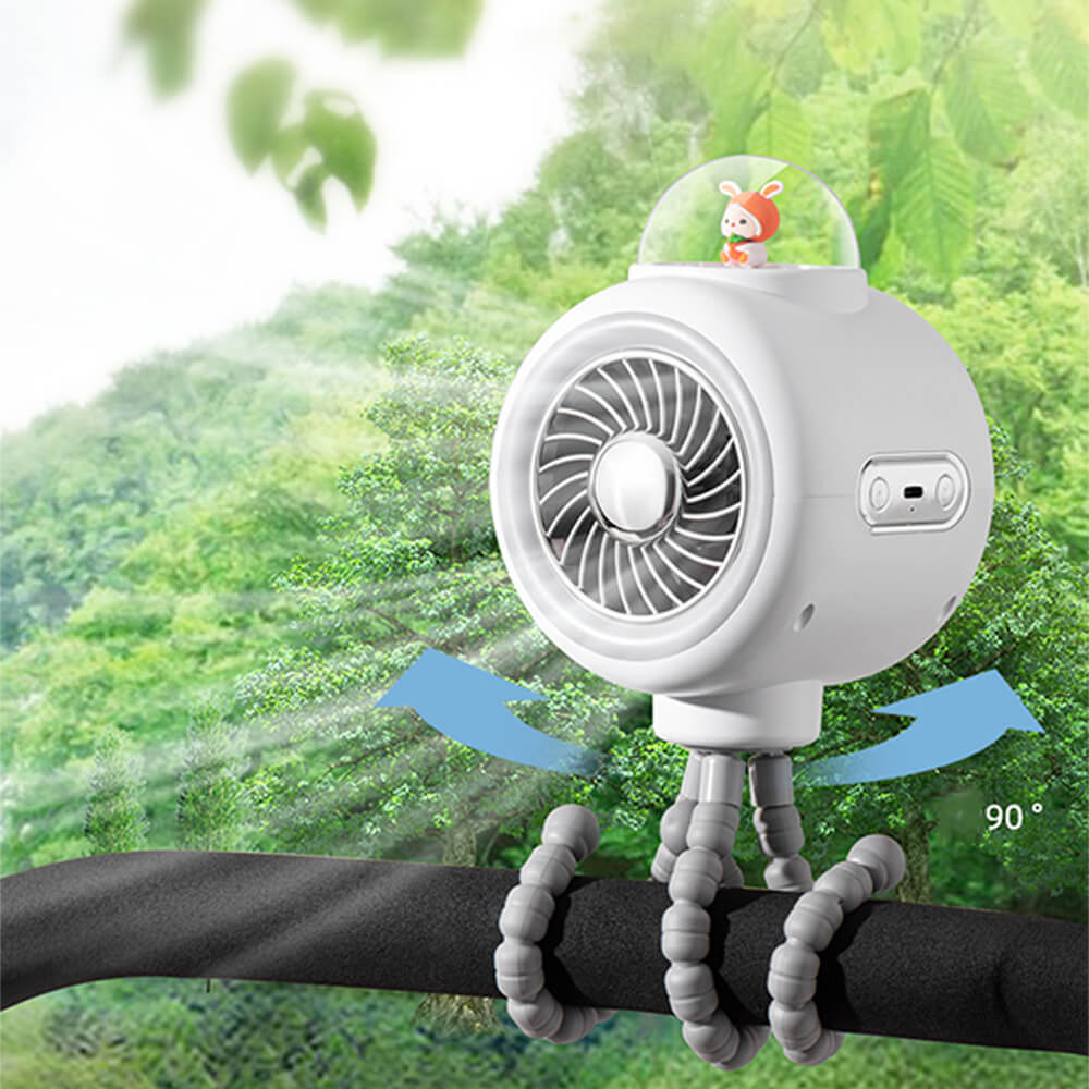 Babelio portable stroller fan with flexible tripod, outdoors on stroller handle