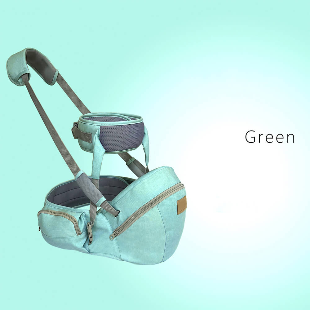 Babelio green 3-in-1 baby carrier with waist stool on light background