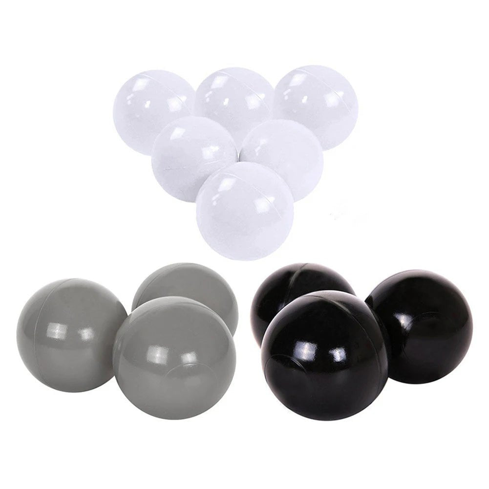 Babelio baby playpen balls in white, gray, and black on a white background