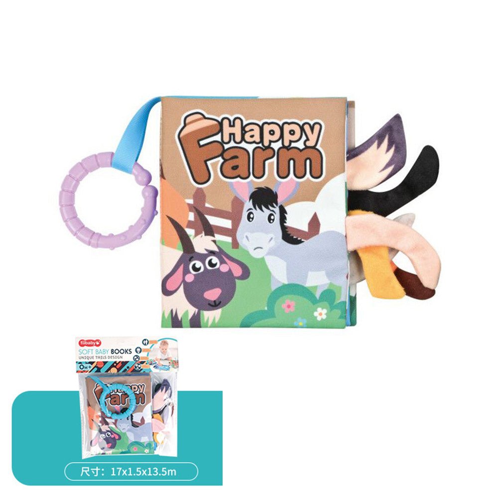 Babelio soft baby book with farm animals, ring handle, and tails, ideal for nurseries