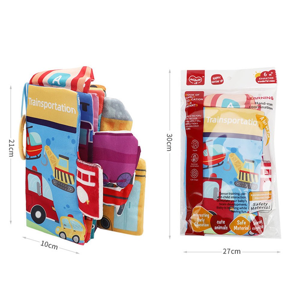 Babelio soft baby transportation cloth book with colorful vehicles, shown in packaging and open.