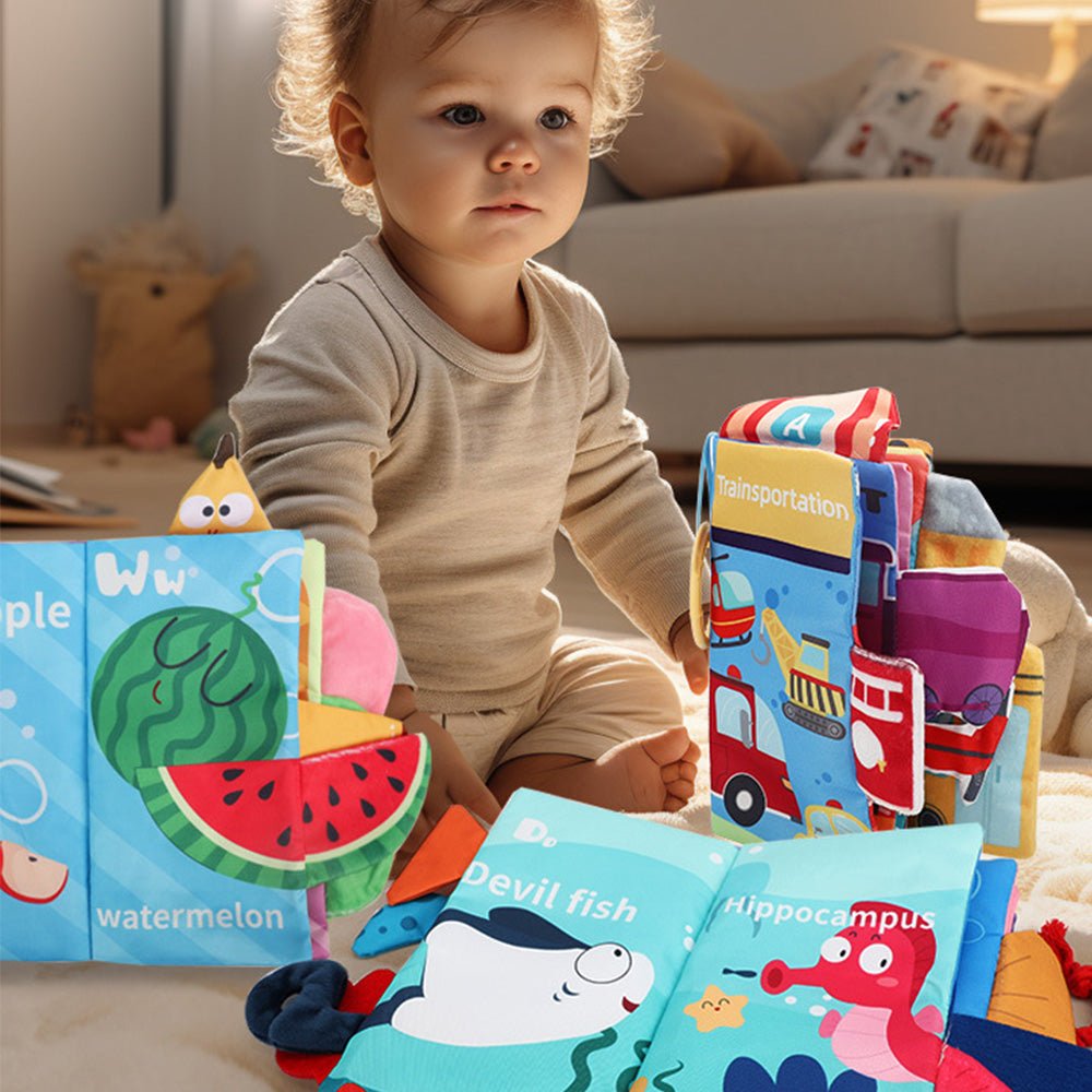 Baby playing with colorful soft books in a nursery, Babelio brand focus