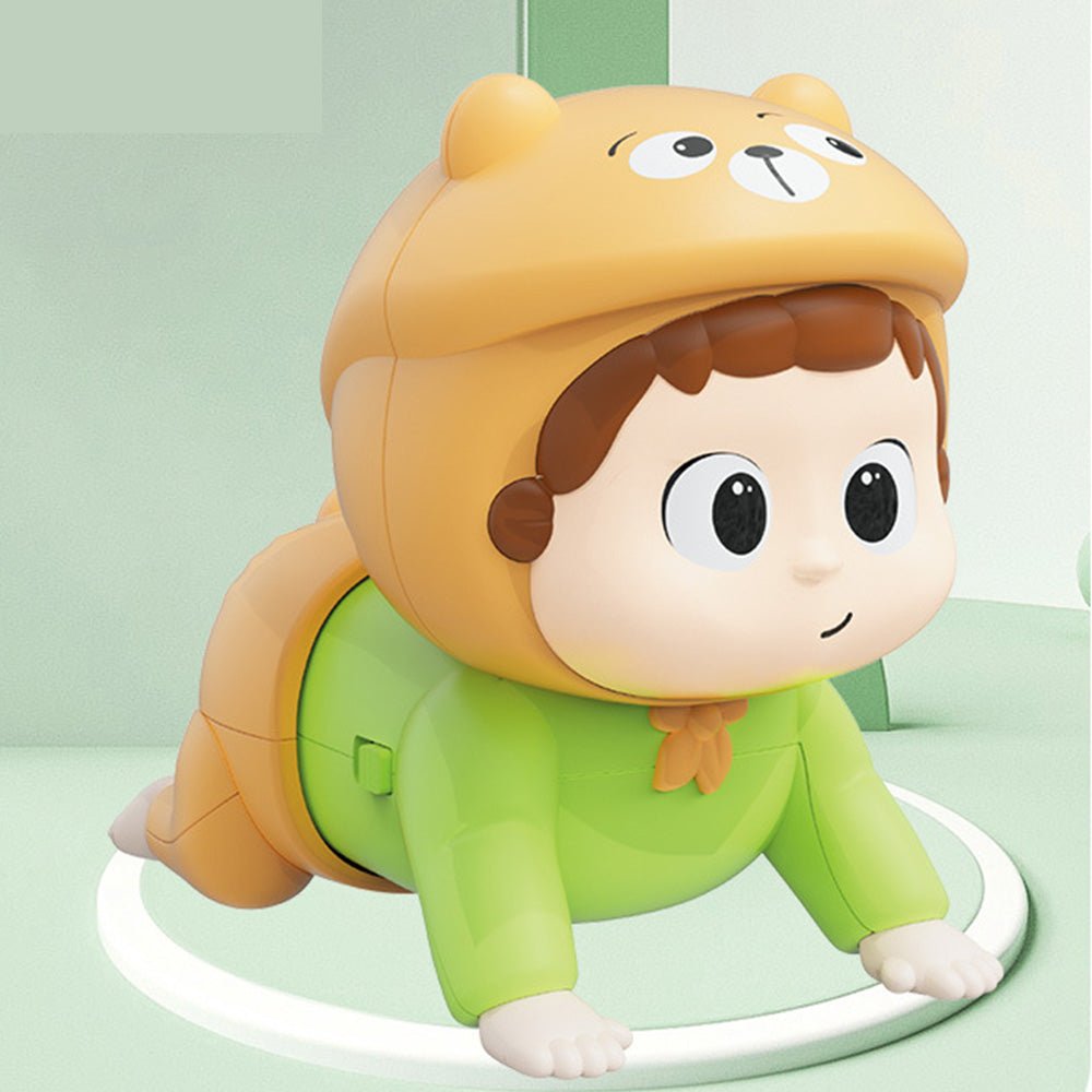 Babelio crawling baby toy in green outfit with bear hat, displayed in a nursery setting