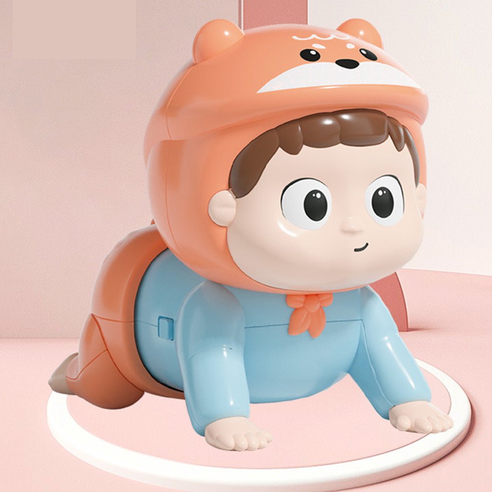 Babelio crawling baby toy with orange bear hood and blue outfit in a nursery setting