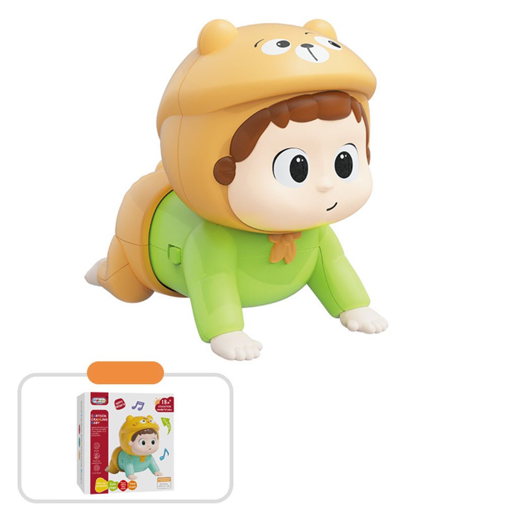 Babelio baby toy in animal costume, green outfit, product box in nursery setting