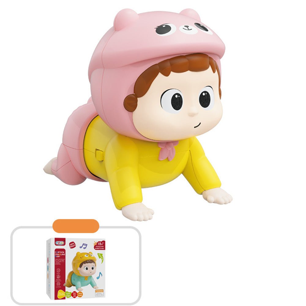 Babelio colorful crawling baby toy with a pink bear hat and yellow outfit, nursery setting