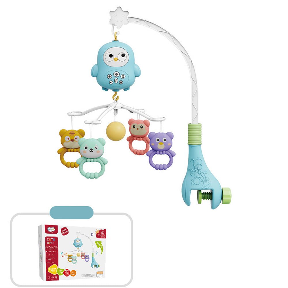 Babelio baby crib mobile with colorful animal rattles and blue owl music box, product packaging visible