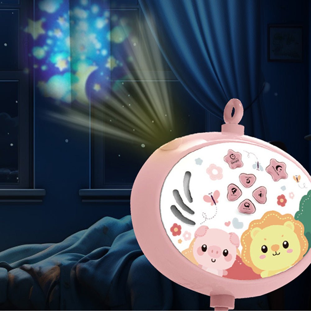 Babelio pink white noise machine with animal design projecting stars in a nursery bedroom
