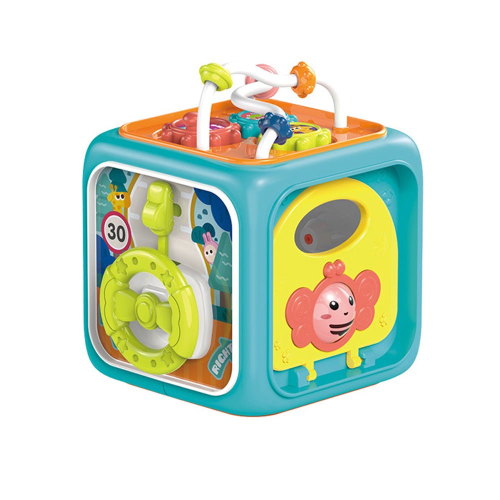 Colorful Babelio baby activity cube toy with steering wheel and animal designs