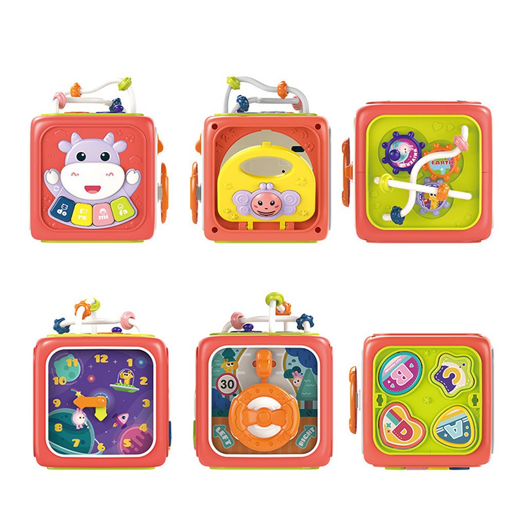 Babelio colorful interactive baby toy cube with animal and clock designs, shown in a nursery.