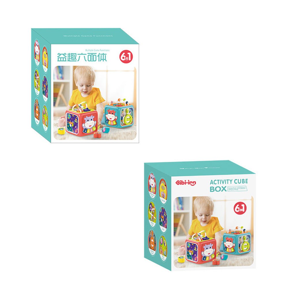 Babelio baby activity cube toy box with child playing in a nursery setting